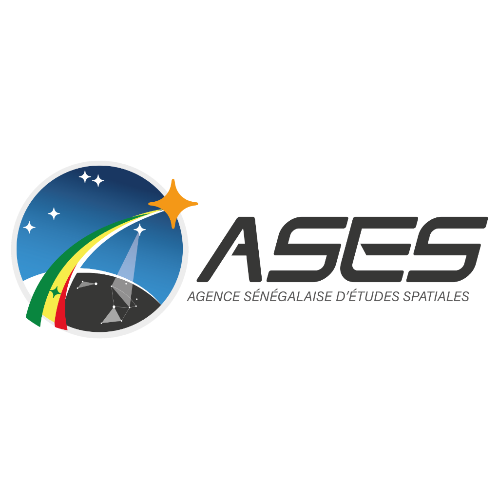 The logo for the Senegalese Space Studies Agency features a shooting star above a black‑and‑white Earth, with the star’s green, yellow, and red striped tail streaking across a blue sky.
