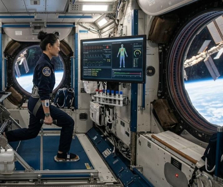 An astronaut performs a leg exercise while health data displays on a nearby monitor, with Earth visible through the window behind them.