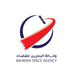 The logo for the Bahrain Space Agency features a red and gold swoosh orbiting a blue circle with a small satellite above it.