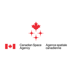 The Canadian Space Agency logo has a red maple leaf with 3 read stars underneath it. At the bottom is the Canadian flag and the agency's name in English and French.