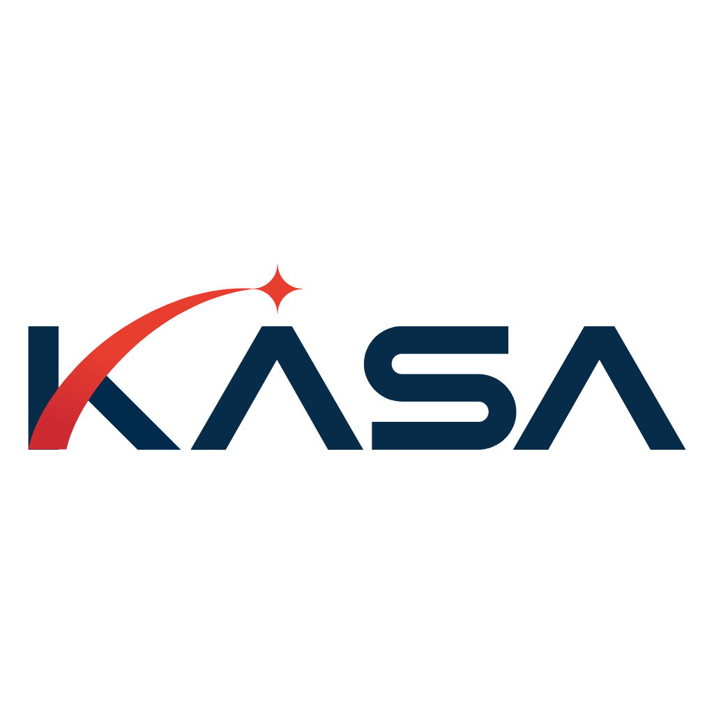 The logo for the South Korean Space Agency KASA has their letters with a red upward line for the top of the K culminating with a star over the first A.