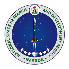 The logo for the Nigerian National Space Research and Development Agency features a blue circle with an upward‑facing rocket in the center, and a diamond beneath it with three white stars on each side.