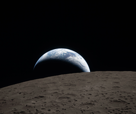 A muted blue Earth with bright white clouds sets behind the cratered lunar surface.