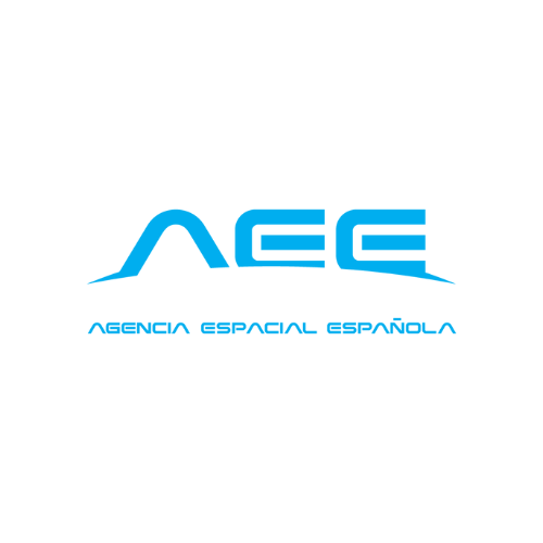 The logo for the Spain Space Agency features the stylized blue letters “AEE” with curved extensions forming a sleek, aerodynamic shape, with the agency name written below.