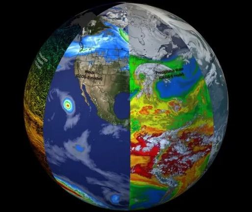Illustration of Earth with four quadrants showing different global data layers, including weather, precipitation, land surface, and atmospheric patterns.