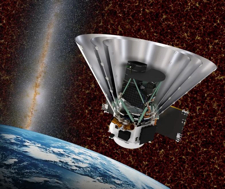 Illustration of the SPHEREx spacecraft above Earth, set against a detailed cosmic background.